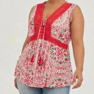 Torrid Crinkle Gauze Crochet Inset Lace Up Sleeveless Top 4 4X 26